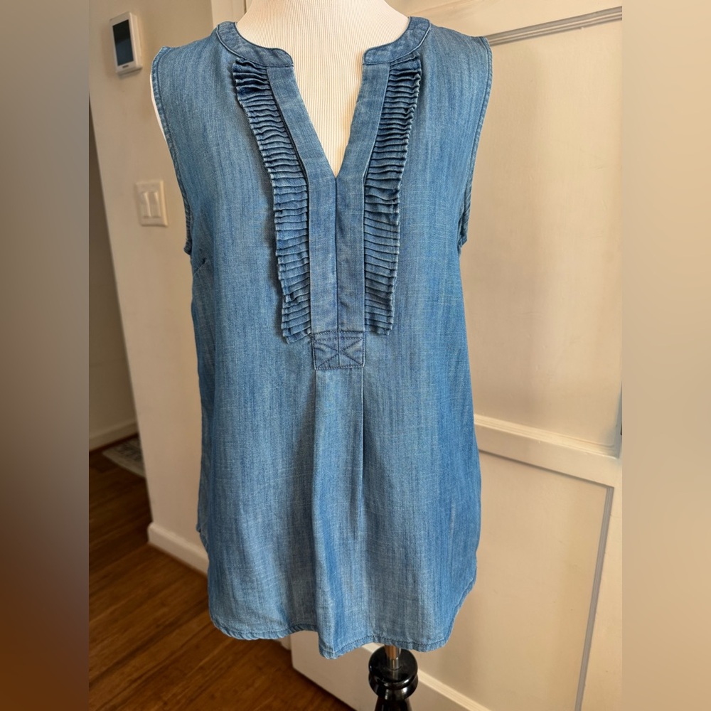 Talbots Blue Denim Top with Ruffle Accent. Size Small.